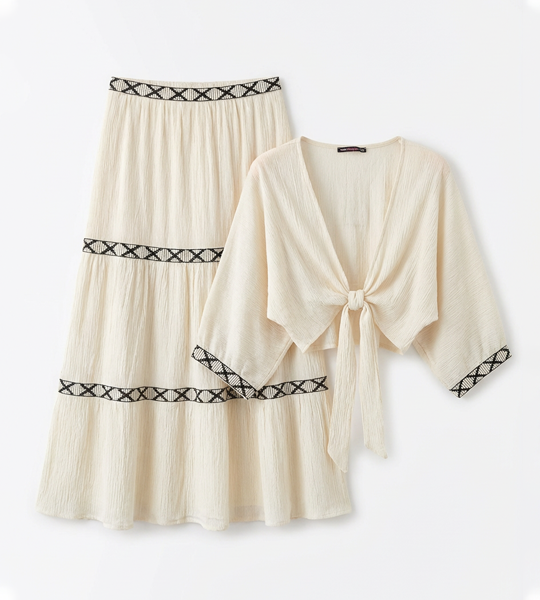 Богемный комплект-двойка Asprin Fashion: кроп-топ на завязках и юбка-макси